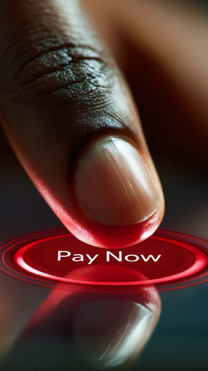 User Interaction with Mobile Payment Interface: Finger Tapping 'Pay Now' Button for Transaction Confirmation in Digital Payments Ecosystem