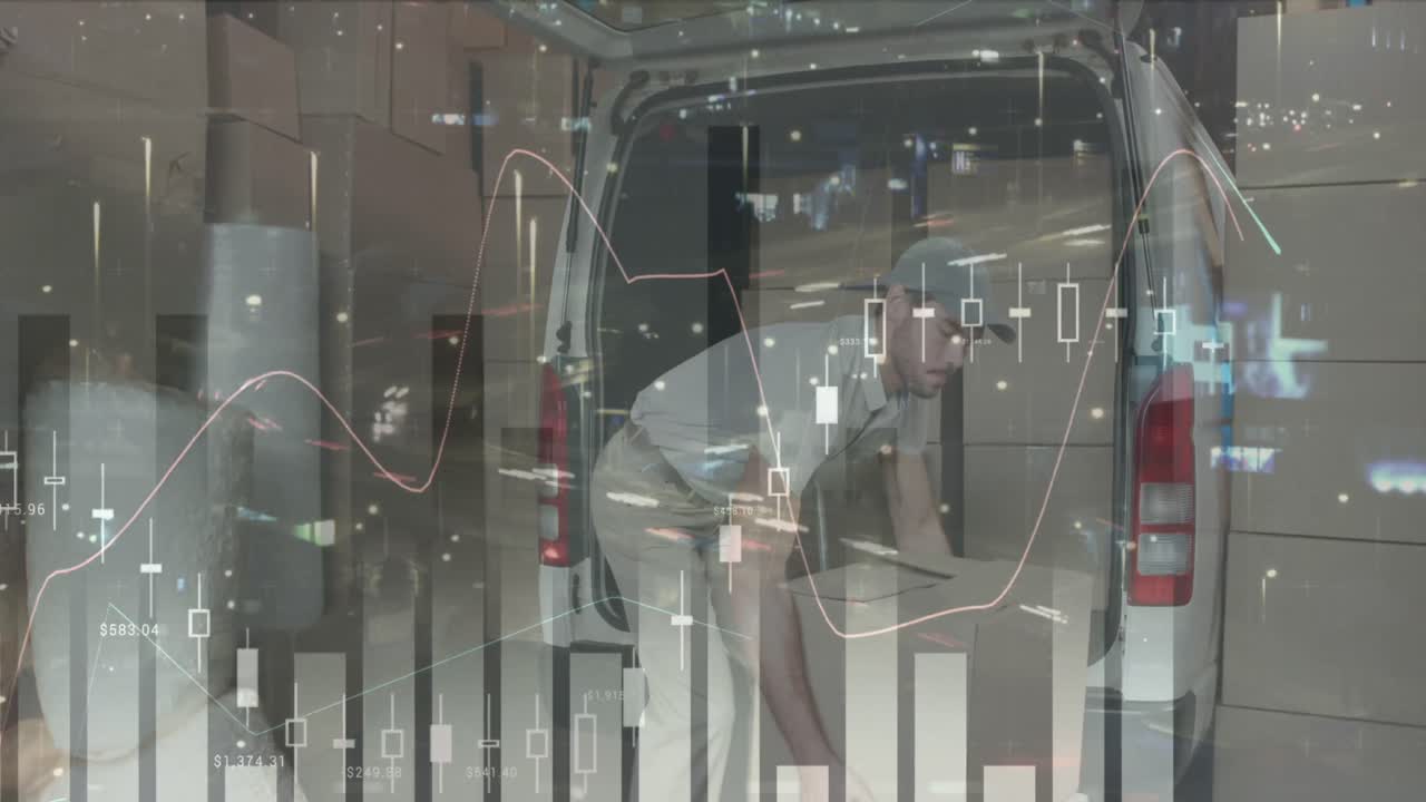 패키지와 함께 코카시안 남성  ⁇ 리어에 대한 금융 그래프의 애니메이션