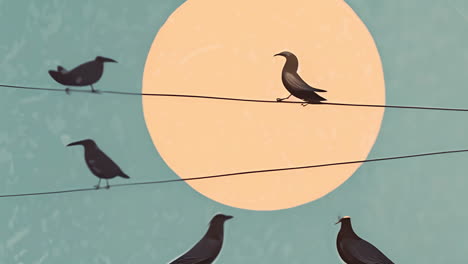 birds silhouetted on power lines against a large moon