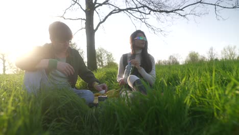 couple enjoying a picnic in a park at sunset
