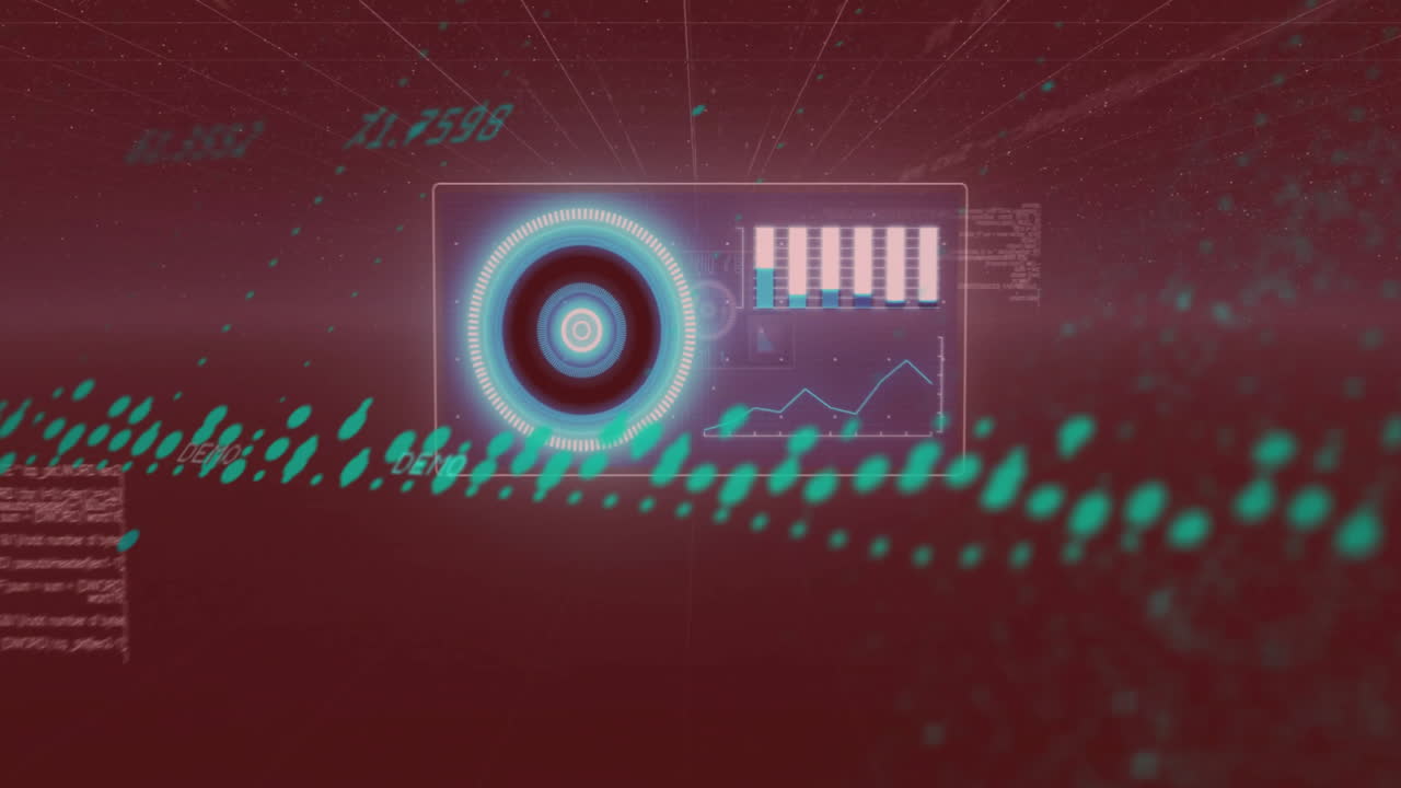 Futuristic data processing animation with graphs and circular interface over red background