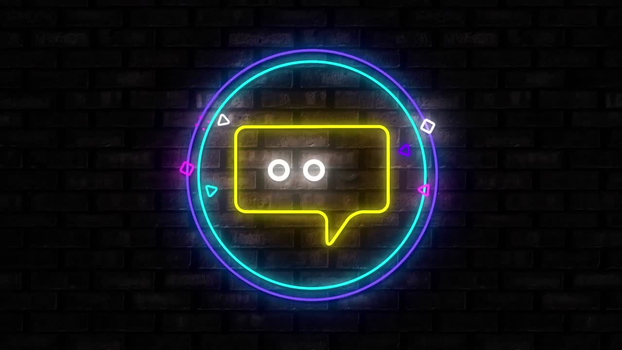 Illuminated chat message neon sign on black brick wall background