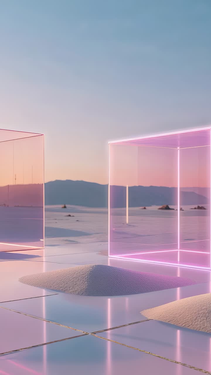 Vertical video: Rotating cubes on salt flat at dusk as camera pans revealing neon-pink reflections
