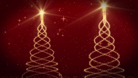 animation of falling confetti and christmas trees over red background