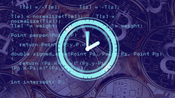 Digital animation of glowing clock ticking and data processing against bitcoins in background