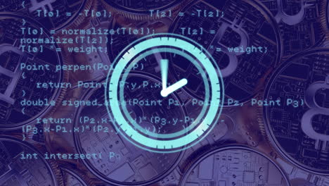 animación digital del tic-tac del reloj brillante y el procesamiento de datos contra los bitcoins en el fondo