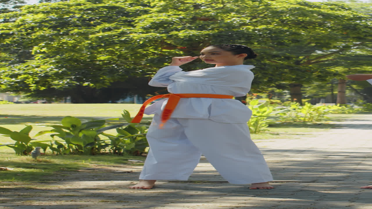 Female Athlete Practicing Taekwondo outdoors