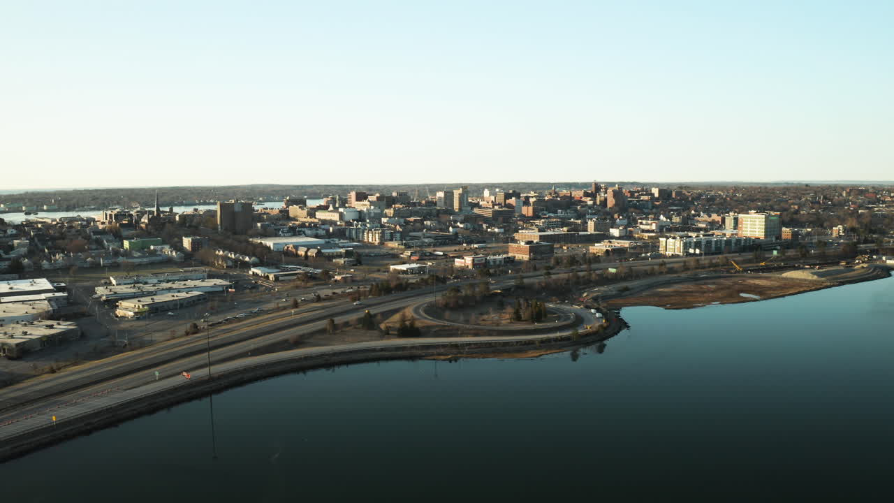 Aerial of Portland Maine Skyline from Back Bay Cove during morning sunrise