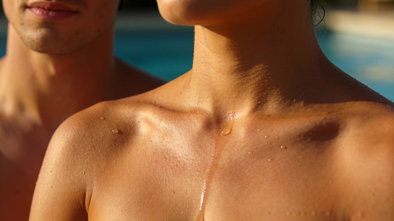Goccia che si forma sul torso di una donna adulta dopo una nuotata, scivolando lungo lo sterno a bordo piscina, luce solare