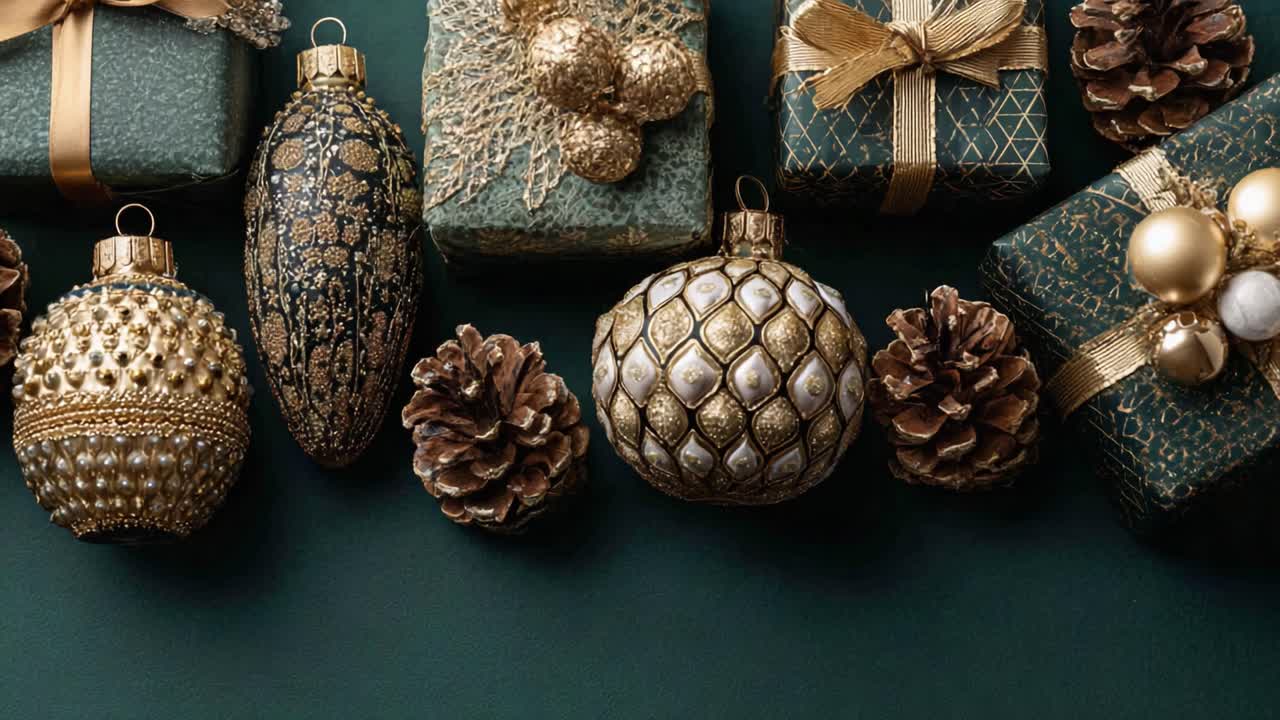 A Stunning Display of Elegant Holiday Ornaments and Gifts: A Festive Arrangement Showcasing Golden Decorations, Wrapped Presents, and Pine Cones on a Green Background