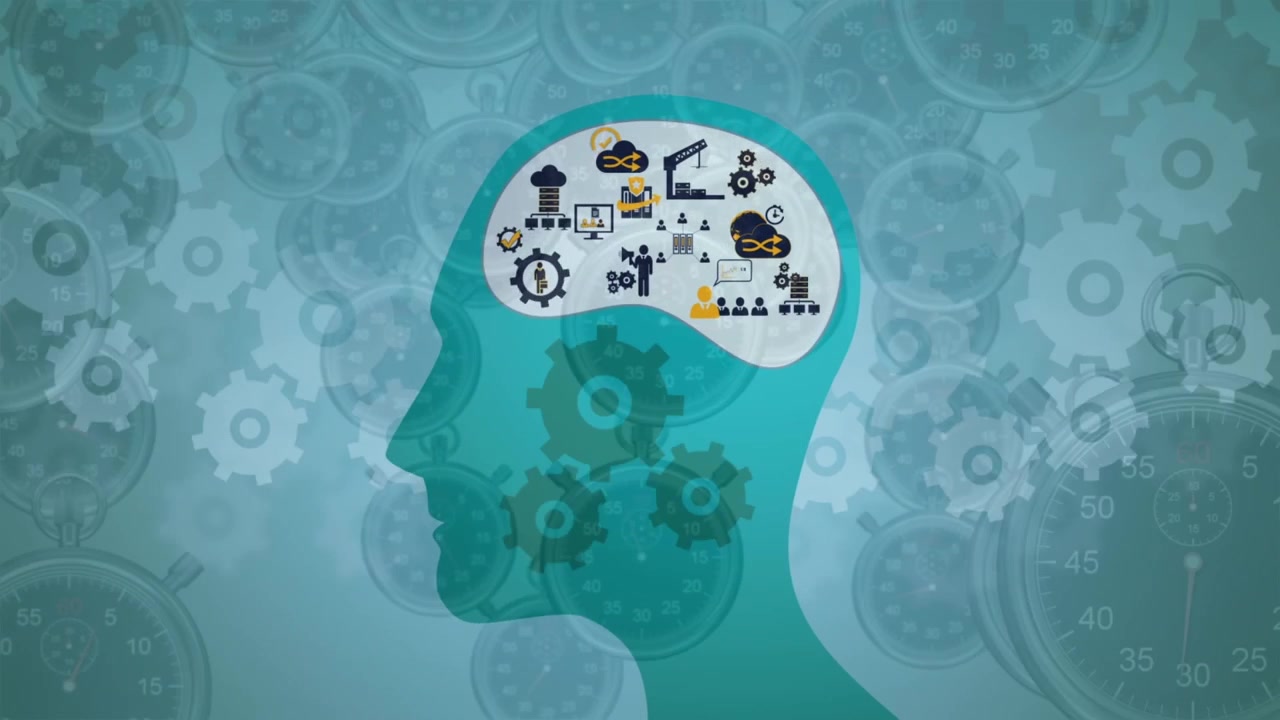 Animation of human head models with gears on green background with falling clocks