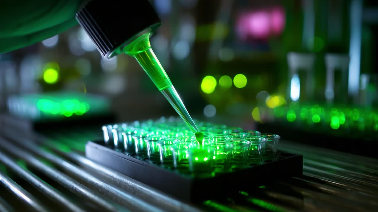 Focused Application of Laboratory Techniques as a Pipette Dispenses Vivid Green Solution into Microplate Wells Representing Cutting-Edge Scientific Research and Precision in Experimental Procedures and Analysis