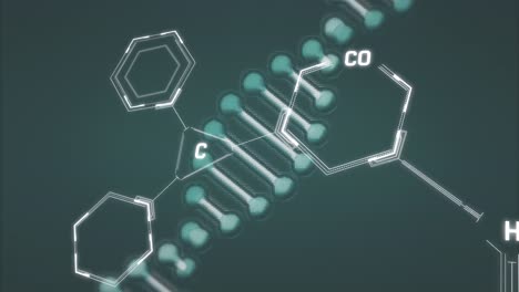 animación de la cadena de adn que gira sobre las estructuras químicas