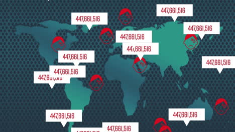 animación de rostros humanos volando y números en burbujas de habla blancas sobre el mapa del mundo