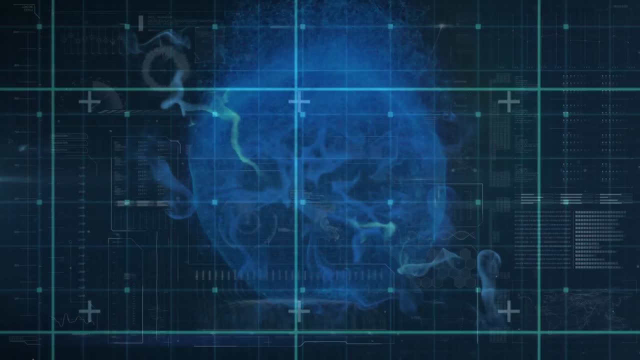 연기 구름으로 형성 된 파란색 지구의 애니메이션 데이터 처리 및 통계 기록 gr