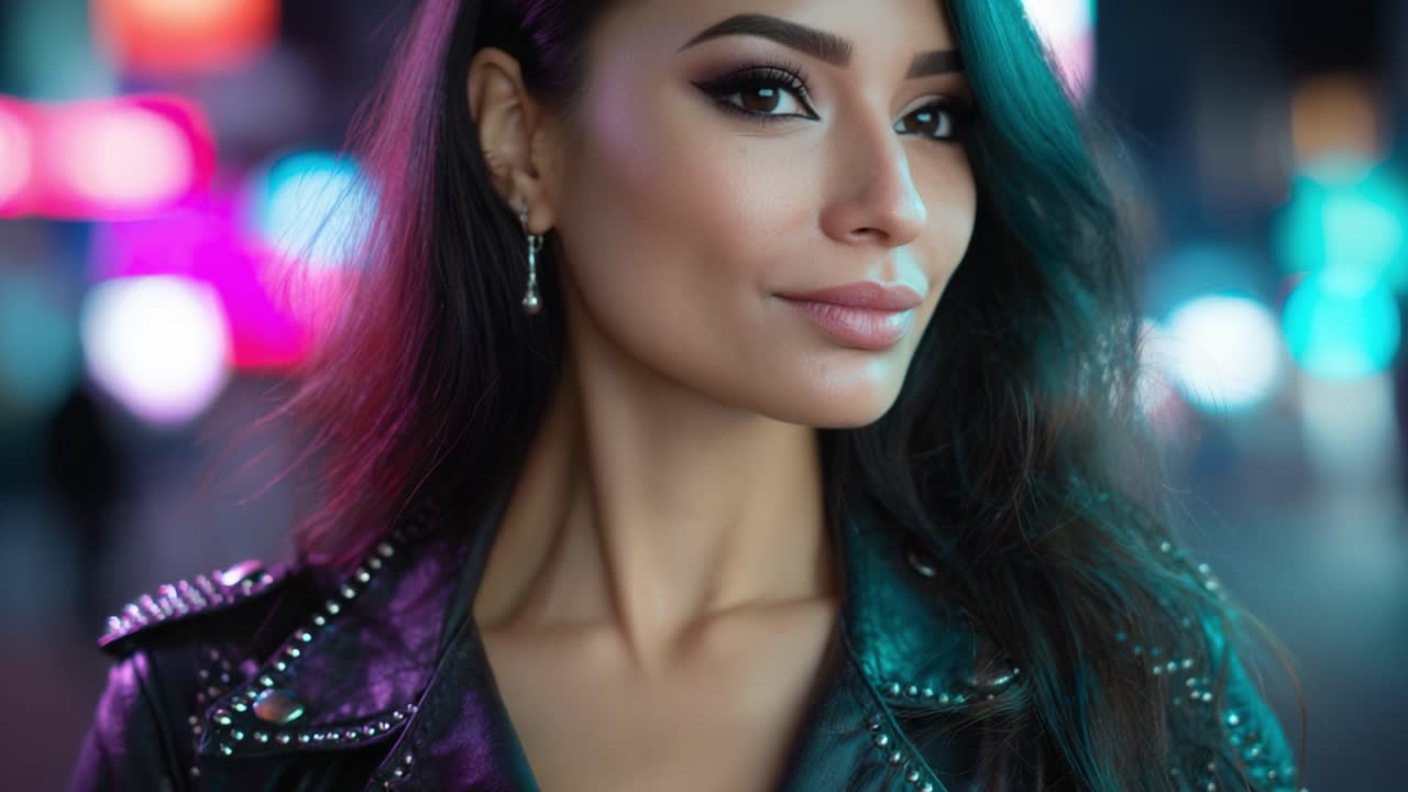 Una donna elegante in giacca di pelle con uno sfondo di città luminosa, che assume una posa decisa con sicurezza ed eleganza tra le vibranti luci notturne.