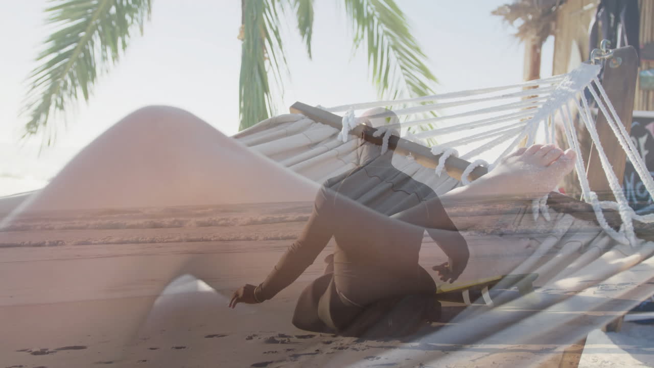 Relaxing in hammock, person enjoying beach scene with palm trees and ocean animation