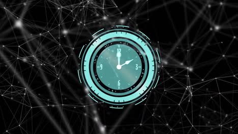 animación de la red de conexiones y reloj moviéndose sobre fondo negro