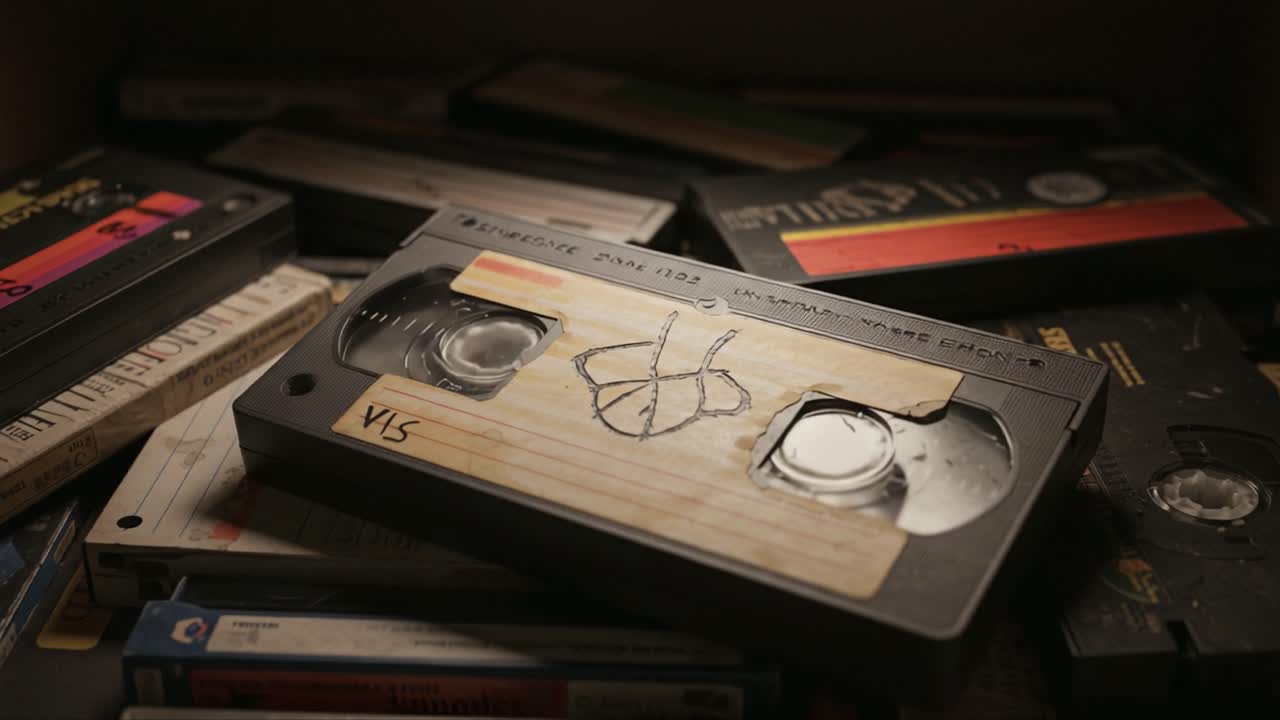 A Compelling Glimpse into Nostalgia: A Close-Up of Vintage VHS Tapes Captured in a Stacked Collection, Highlighting the Charm of Analog Media