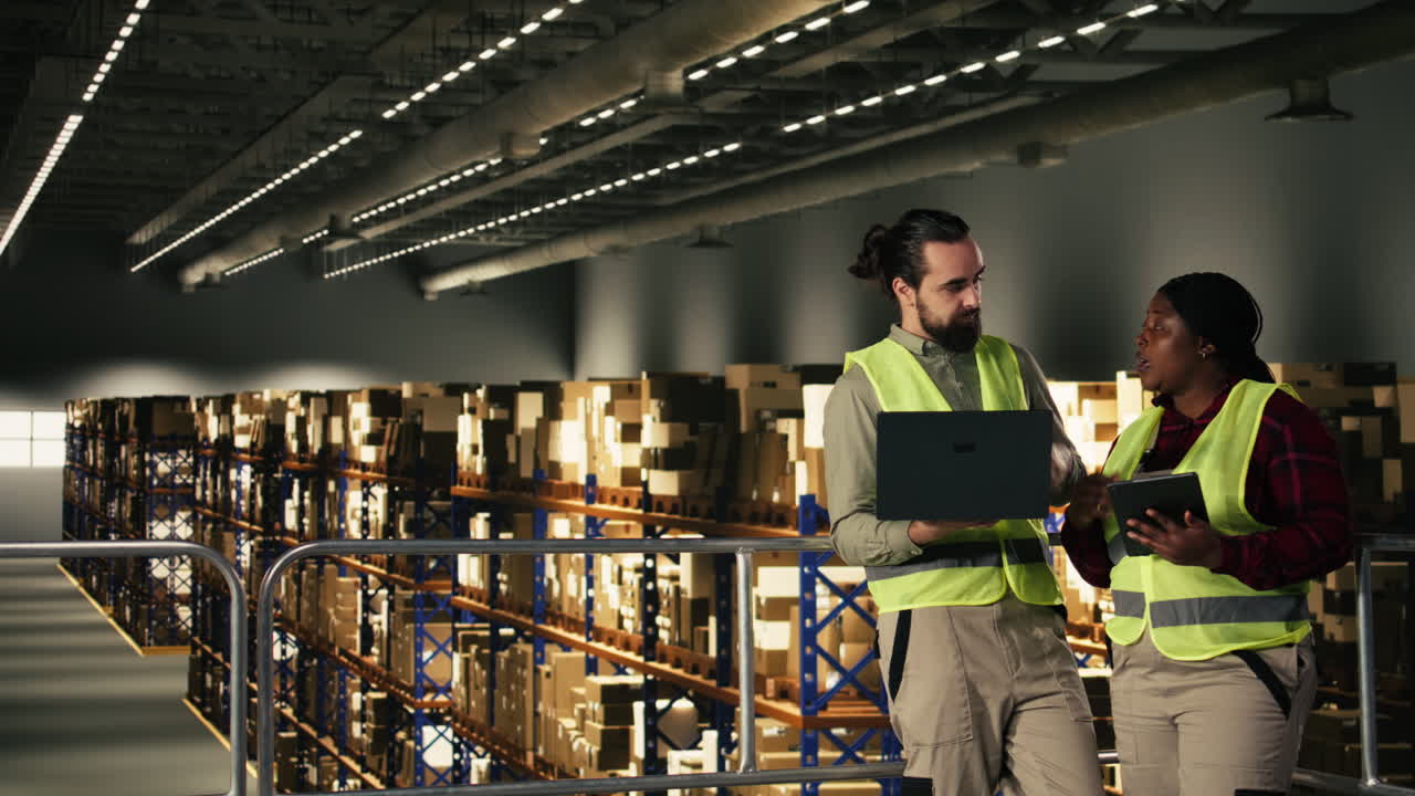 Piattaforma industriale, dipendenti in magazzino che monitorano il carico