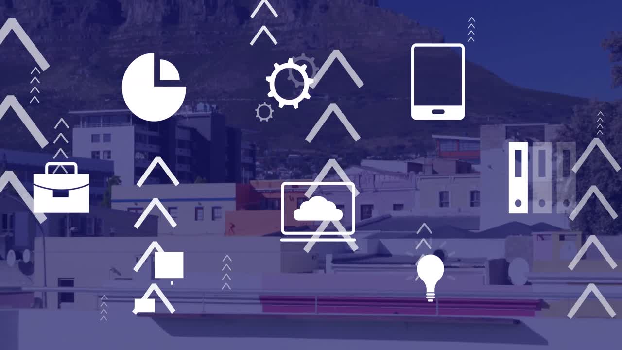 3d 도시 풍경 위의 데이터 처리 애니메이션