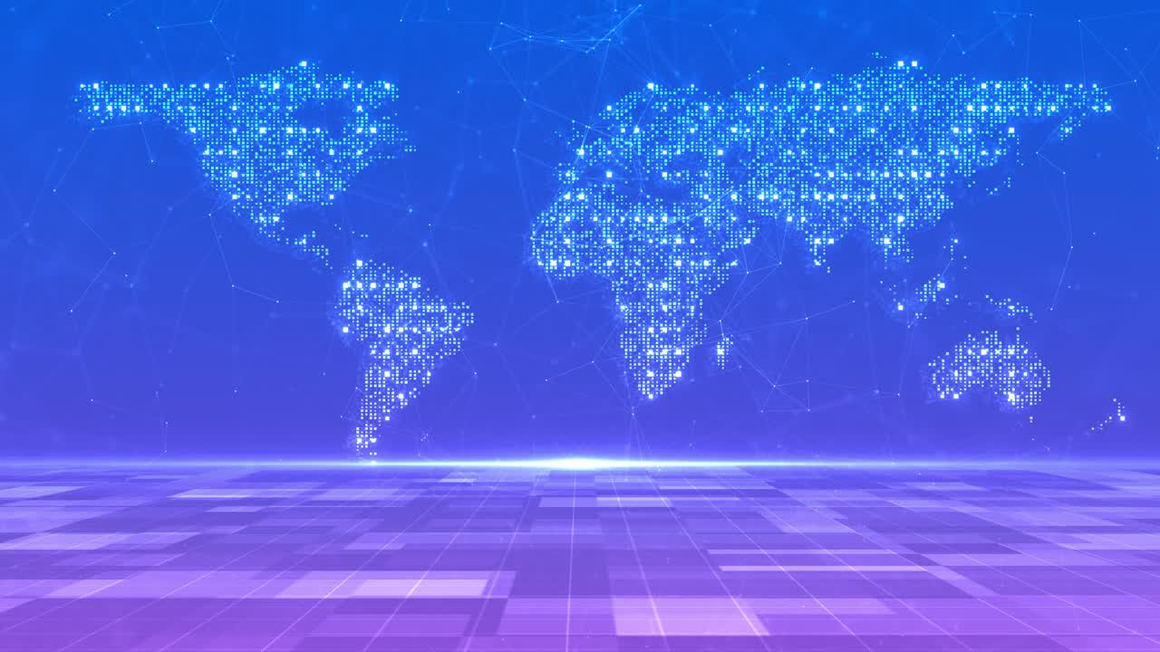 Futuristic digital animation glowing world map plexus connections perspective floor grid blinking