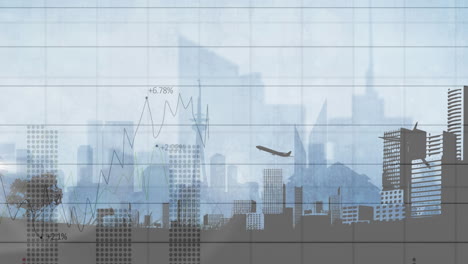 animation of statistics and data processing over airplane taking off and cityscape