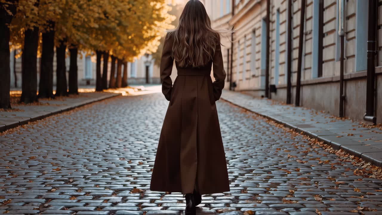 Una donna cammina lungo una strada acciottolata in autunno
