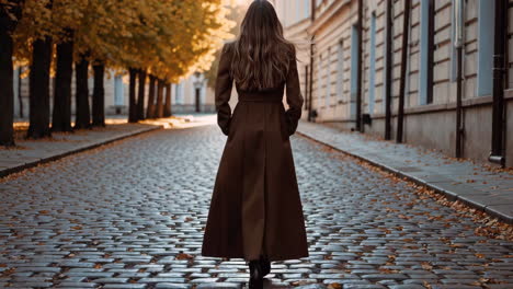 woman walks down cobblestone street in autumn