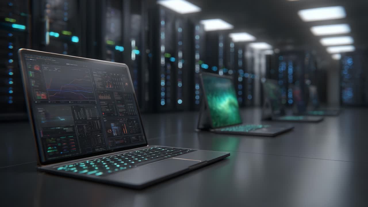 Advanced Data Analysis in a High-Tech Environment: Laptops Displaying Complex Metrics Surrounded by Server Racks in a Modern Data Center
