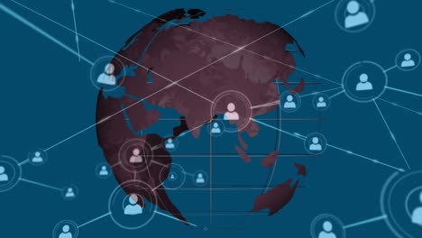 animación digital de la red de iconos de perfil contra el globo giratorio sobre fondo azul
