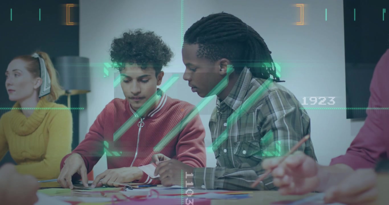 Animation of data processing over diverse business people in office