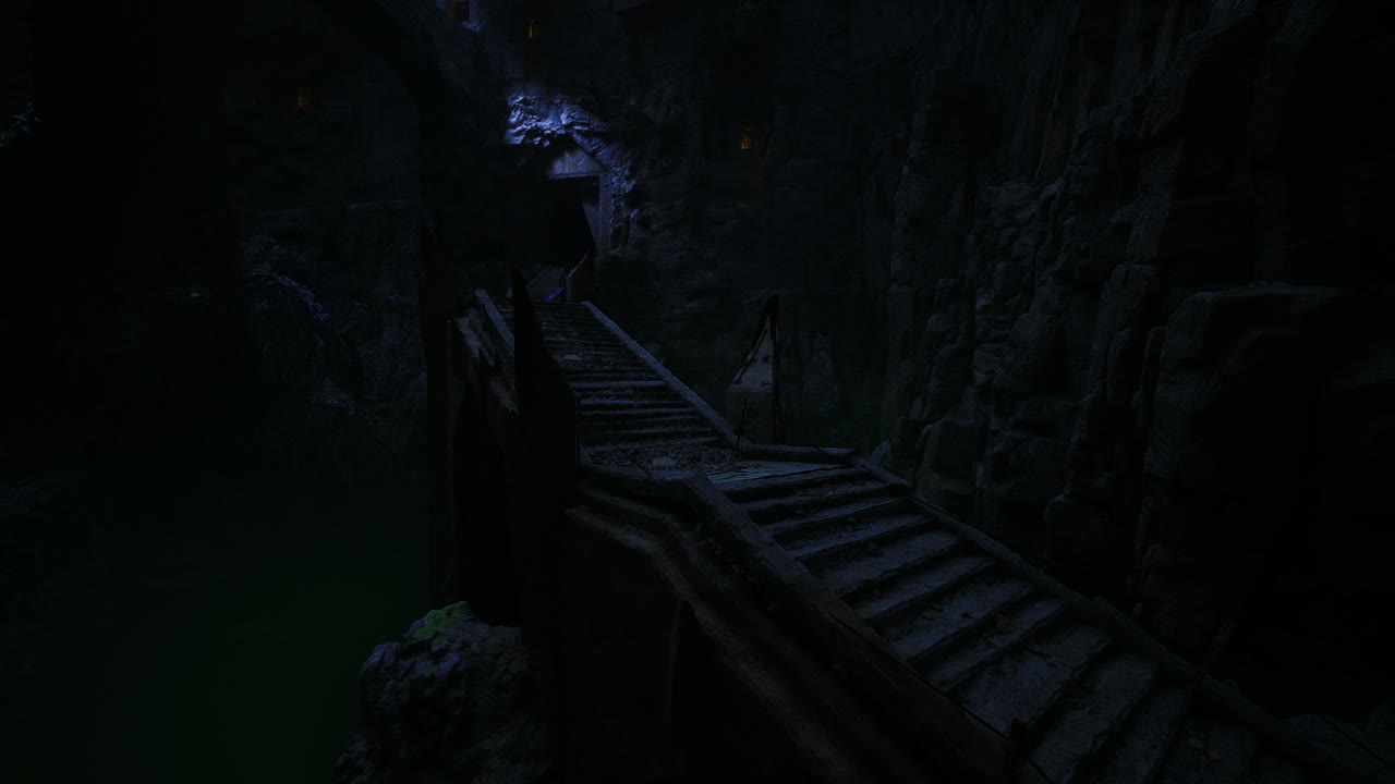 Eerie wooden bridge under starlit sky with misty surroundings