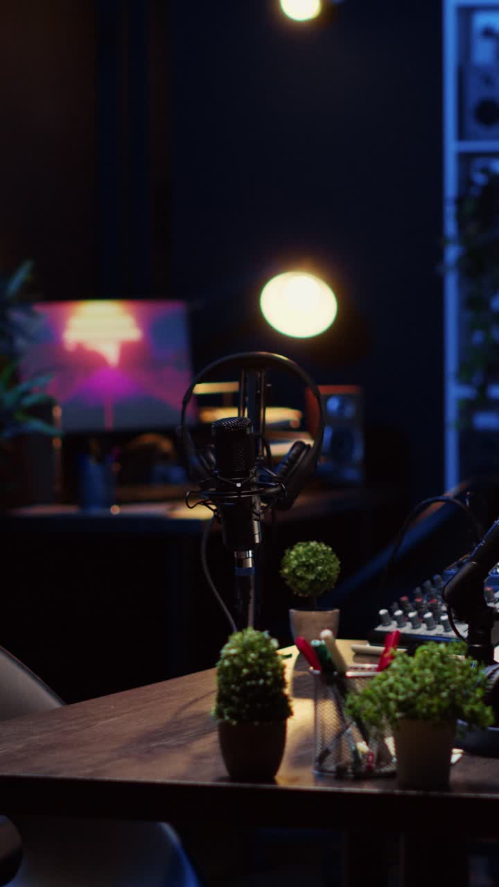 Lodret video. Tomt studie med højteknologisk mikrofon, audiomixer og hovedtelefoner, der bruges til at optage podcast.