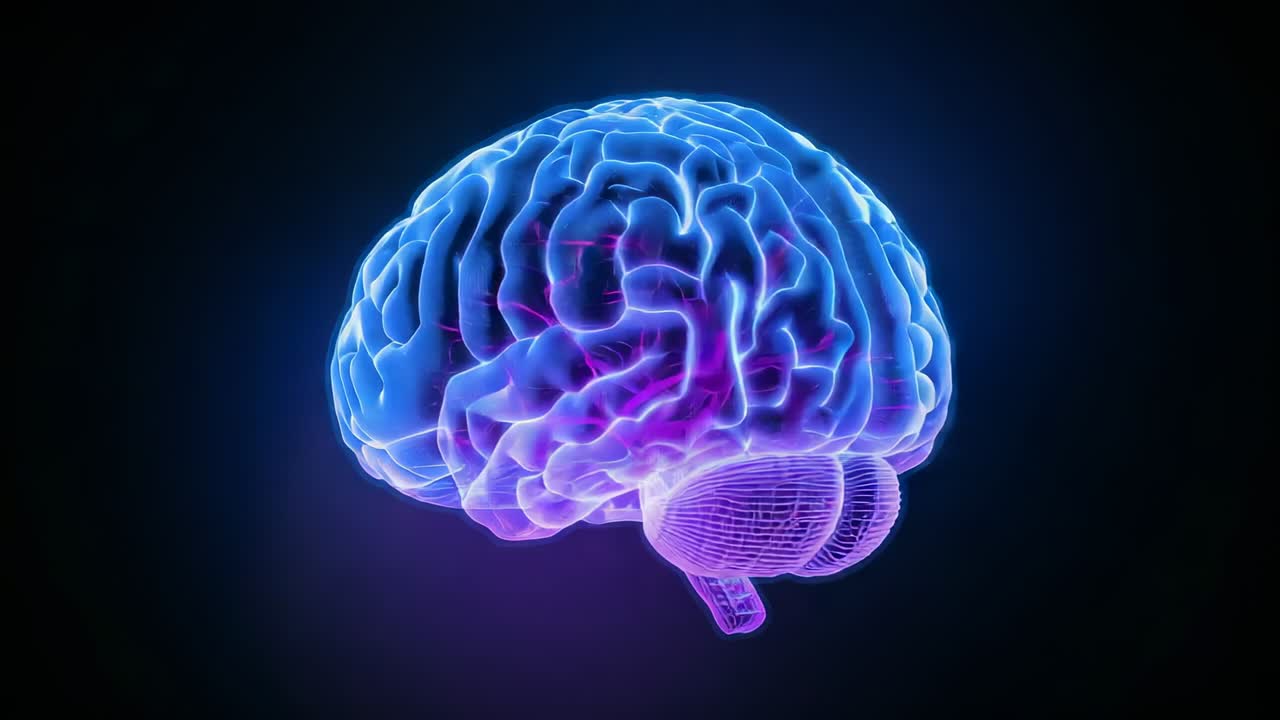 Rotating 3D brain shifting colors, seam appearing pulsing showing cerebellum against dark backdrop