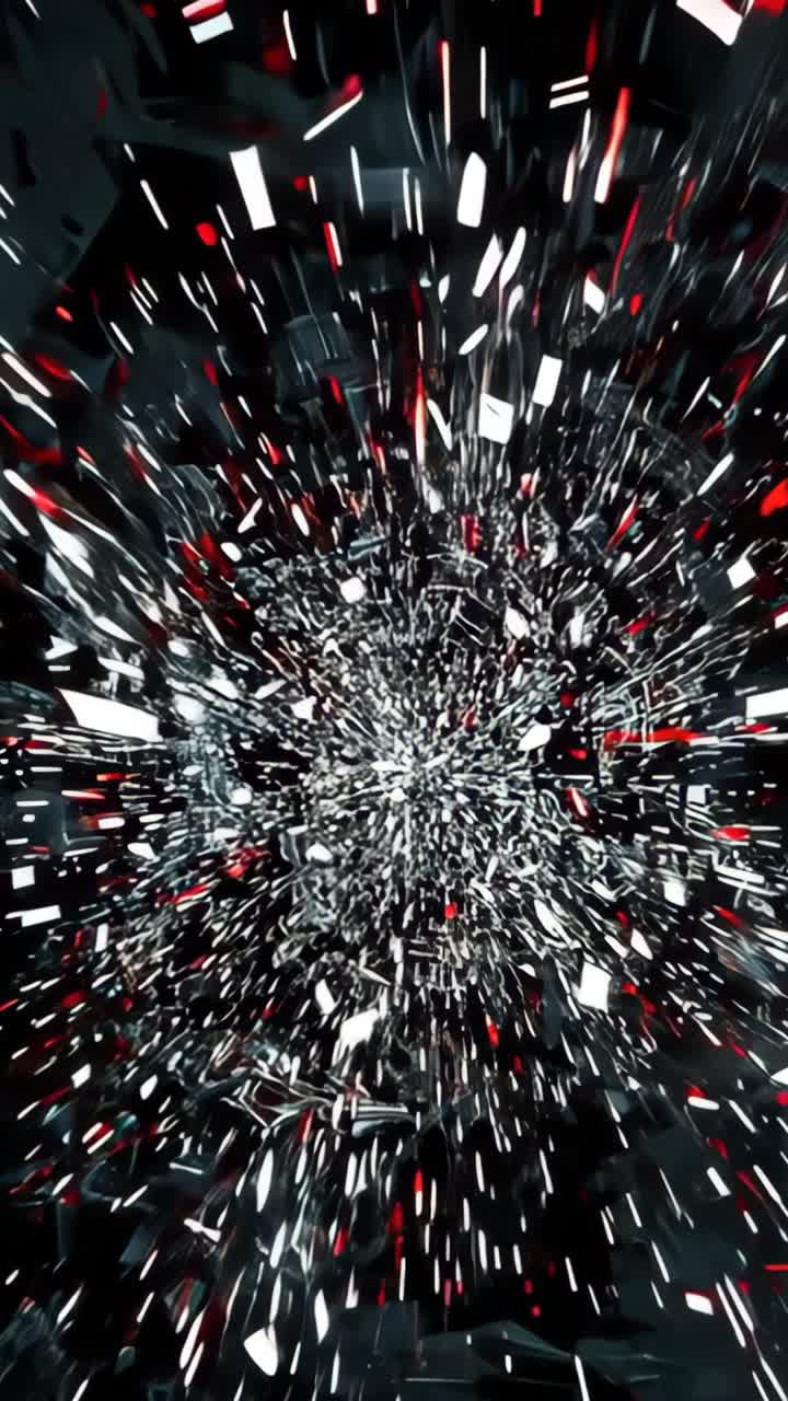 Vertical video: Swirling black white red shards accelerating outward, zoom immersing viewer in void