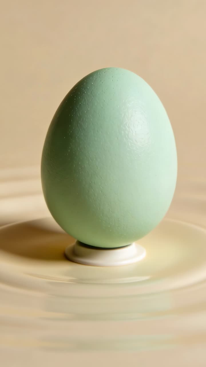 Vertical video: Rippling liquid making rings around mint egg on white base in studio, from base