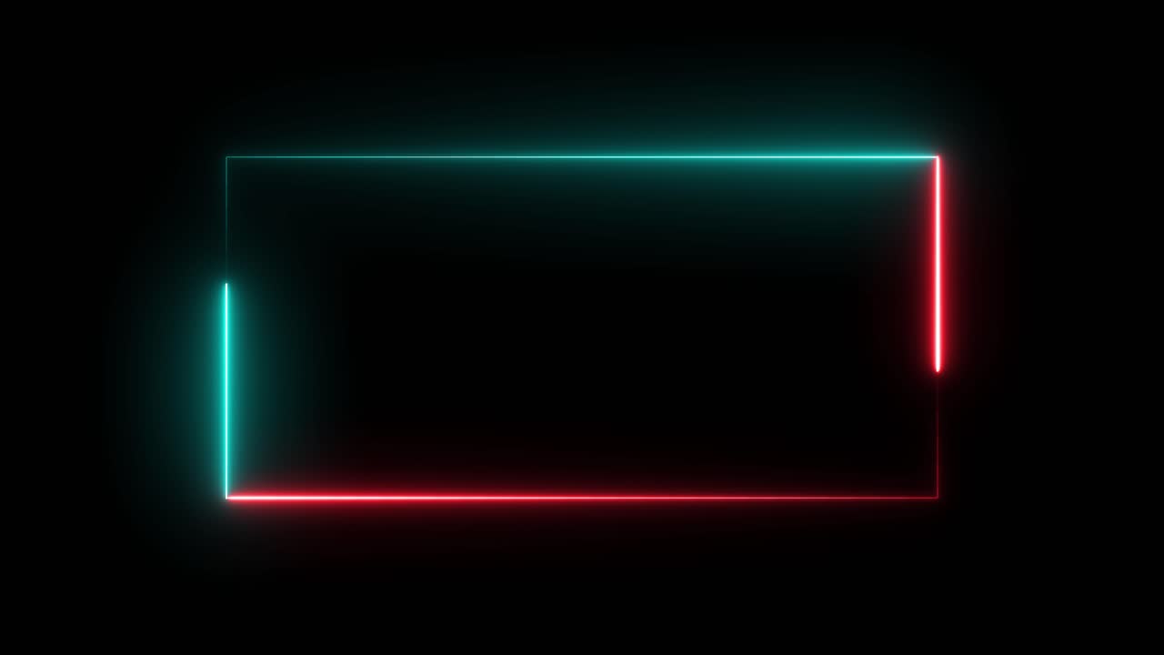 Cadre néon rectangulaire animé avec des lignes lumineuses rouges et cyan