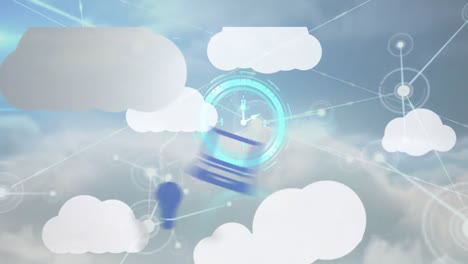 animation of clock moving fast over digital clouds and network of connections