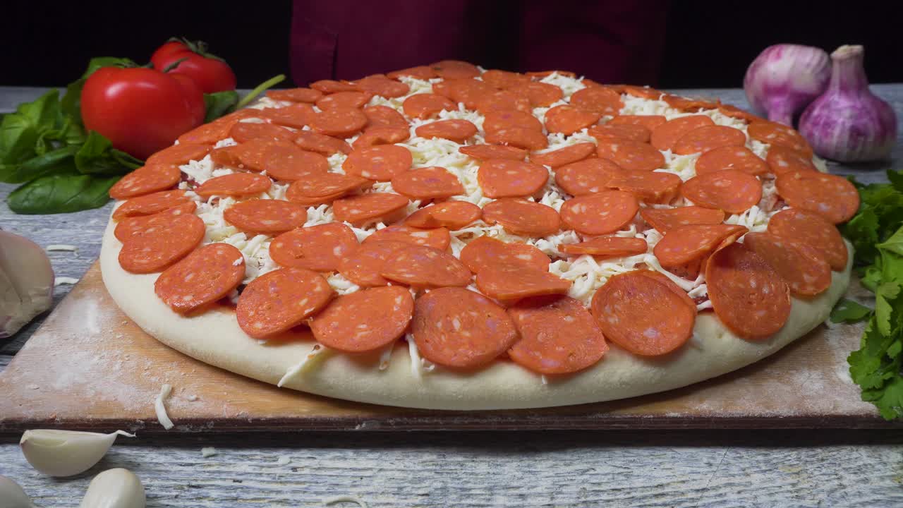 estoy preparando una pizza de pepperoni.
