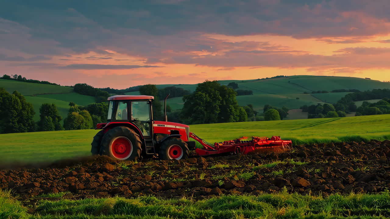 Red Tractor Plowing a Field at Sunset