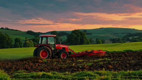 red tractor plowing a field at sunset