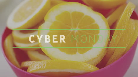 limones en rodajas en un tazón con animación de texto de cyber monday sobre la imagen