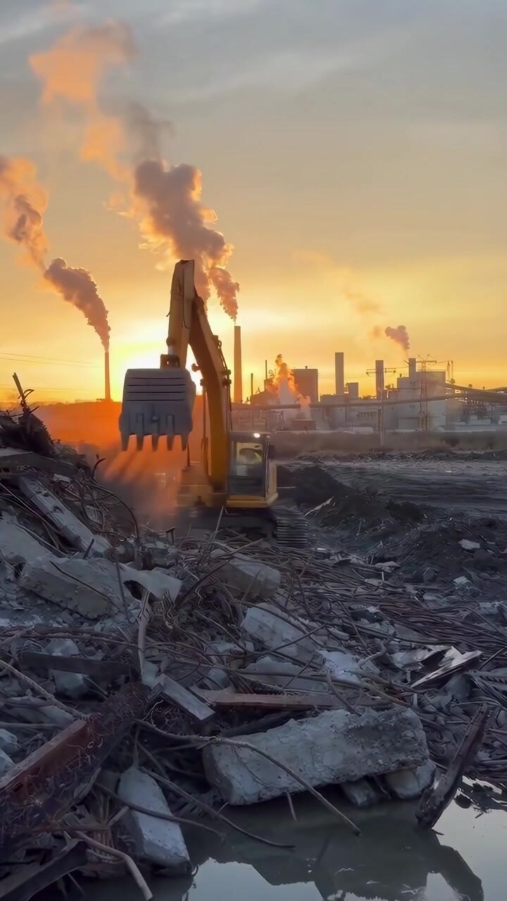 Excavator Working at Construction Site During Sunset