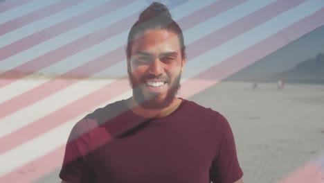 Animación-De-Un-Hombre-Birracial-Sonriendo-Sobre-La-Bandera-De-Los-Estados-Unidos-De-América.