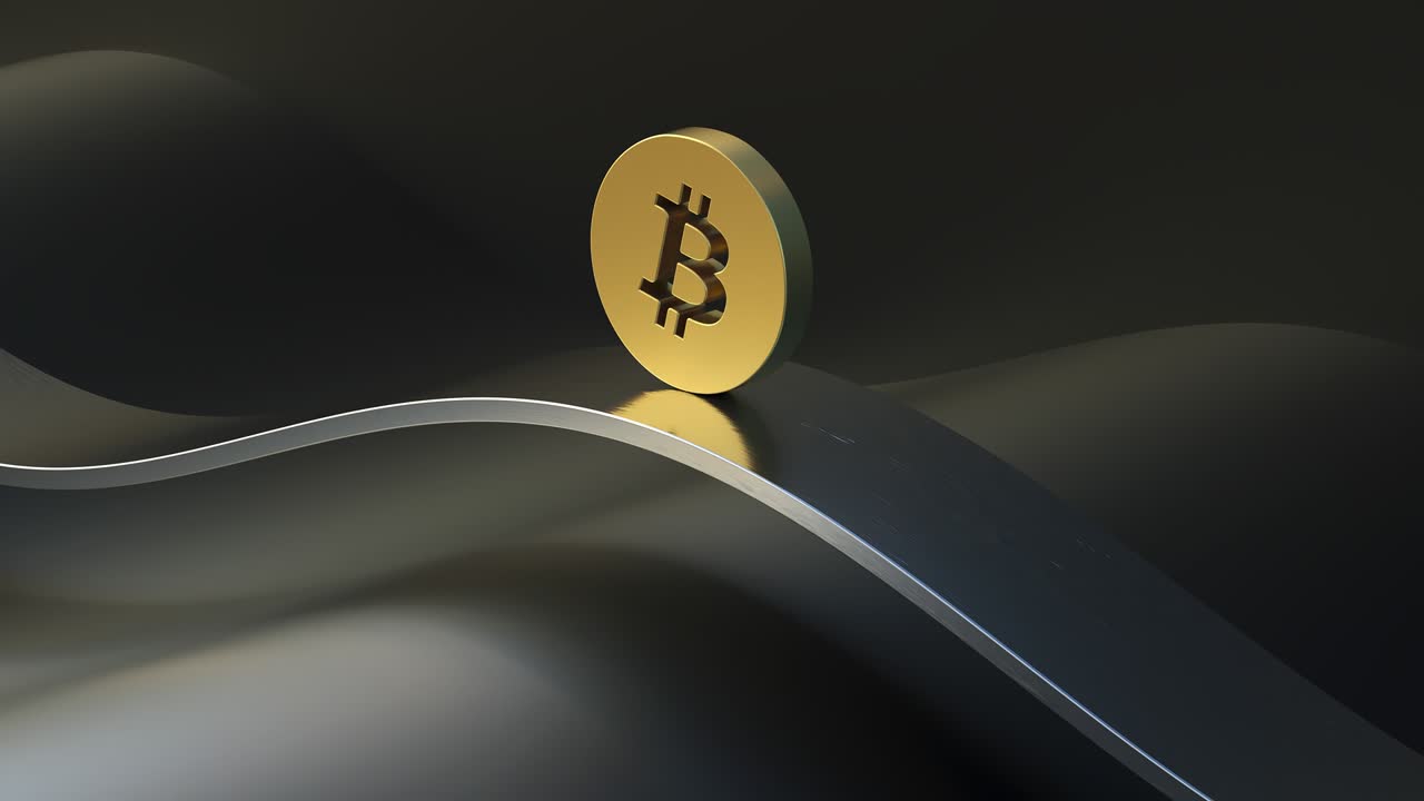 A loopable 3d render animation of golden bitcoin coin sliding