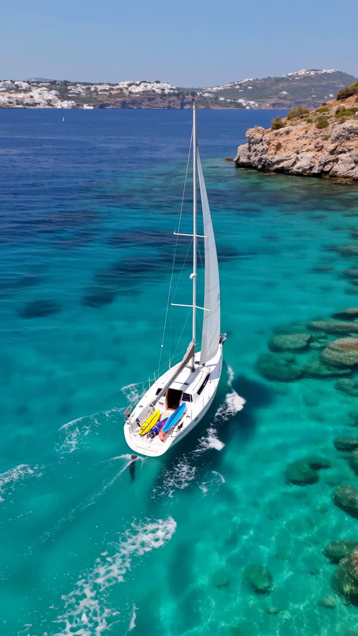 A sailboat glides through crystal-clear turquoise waters along a rocky coastline