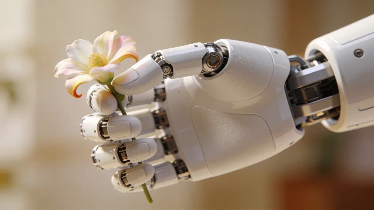Mano robotica bianca che si avvicina, accarezzando un singolo fiore pallido in studio, mentre regola la presa per l'ispezione.