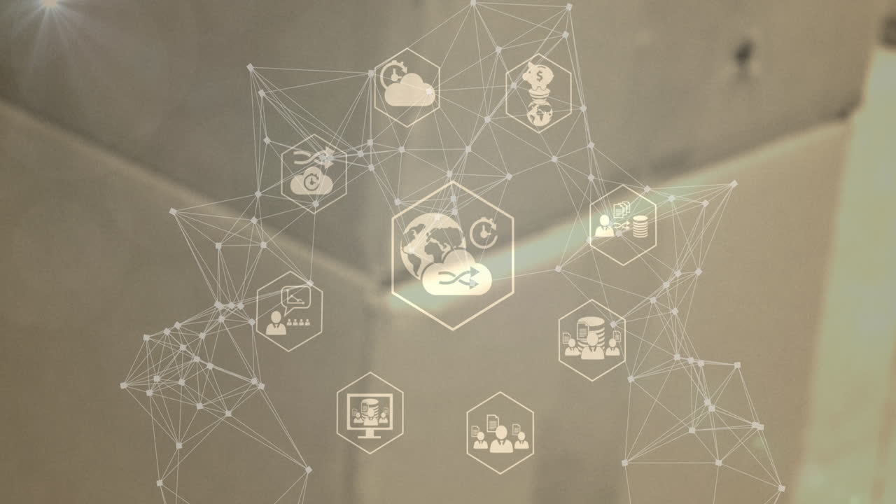 animación de la red de conexiones con iconos sobre un fondo borroso