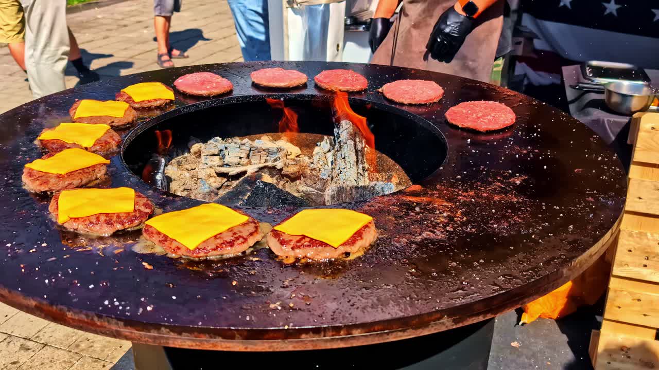 Riga Burger Festival - Cooking Burger Patties With Cheese On The Griller. - closeup shot